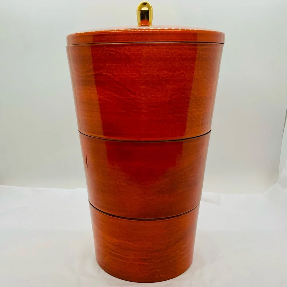 VTG Orange Lacquer Ware Stacking Nesting Set 3 Bowls & Lid Floral Design - Japan